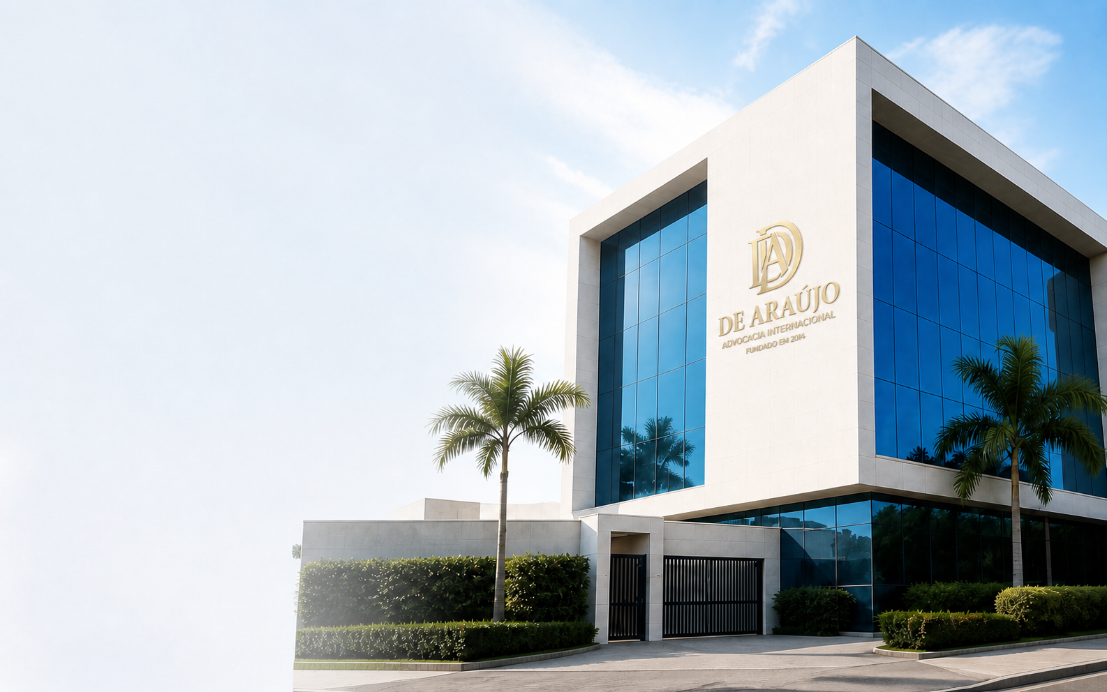 Edifício contemporâneo com a marca De Araújo Advocacia Internacional instalada na fachada